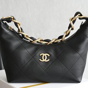 Large Gold Chain Underarm Hobo Bag in Black