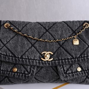 Double-pocket hobo bag, black denim