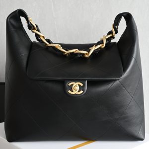 Large gold chain hobo bag, black, medium size