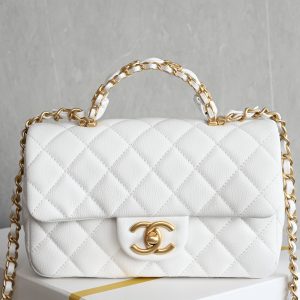 Litchi grain leather double C handle large mini bag in white