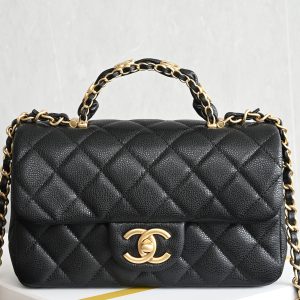 Lychee grain leather double C handle large mini bag, black