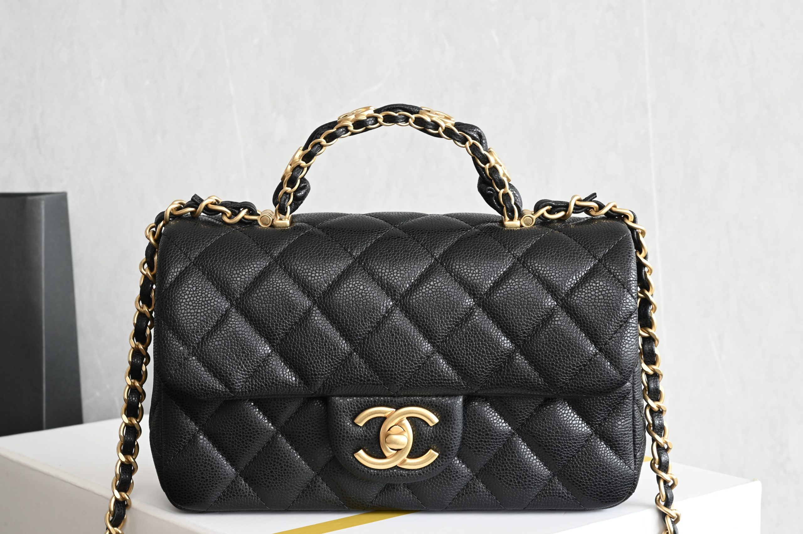 Lychee grain leather double C handle large mini bag, black