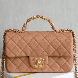 Lychee grain leather double C handle large mini bag in caramel color