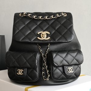 Double Pocket Frog Retro Backpack, Black, Medium Size